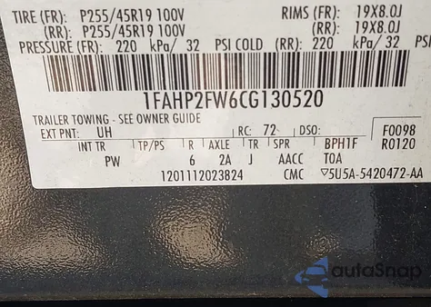 2012 Ford Taurus Limited z USA, uszkodzony, nr VIN 1FAHP2FW6CG130520